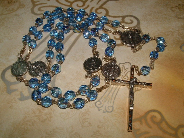 Rare "Our Lady of the Snows" Blue Crystal Glass Beaded Rosary