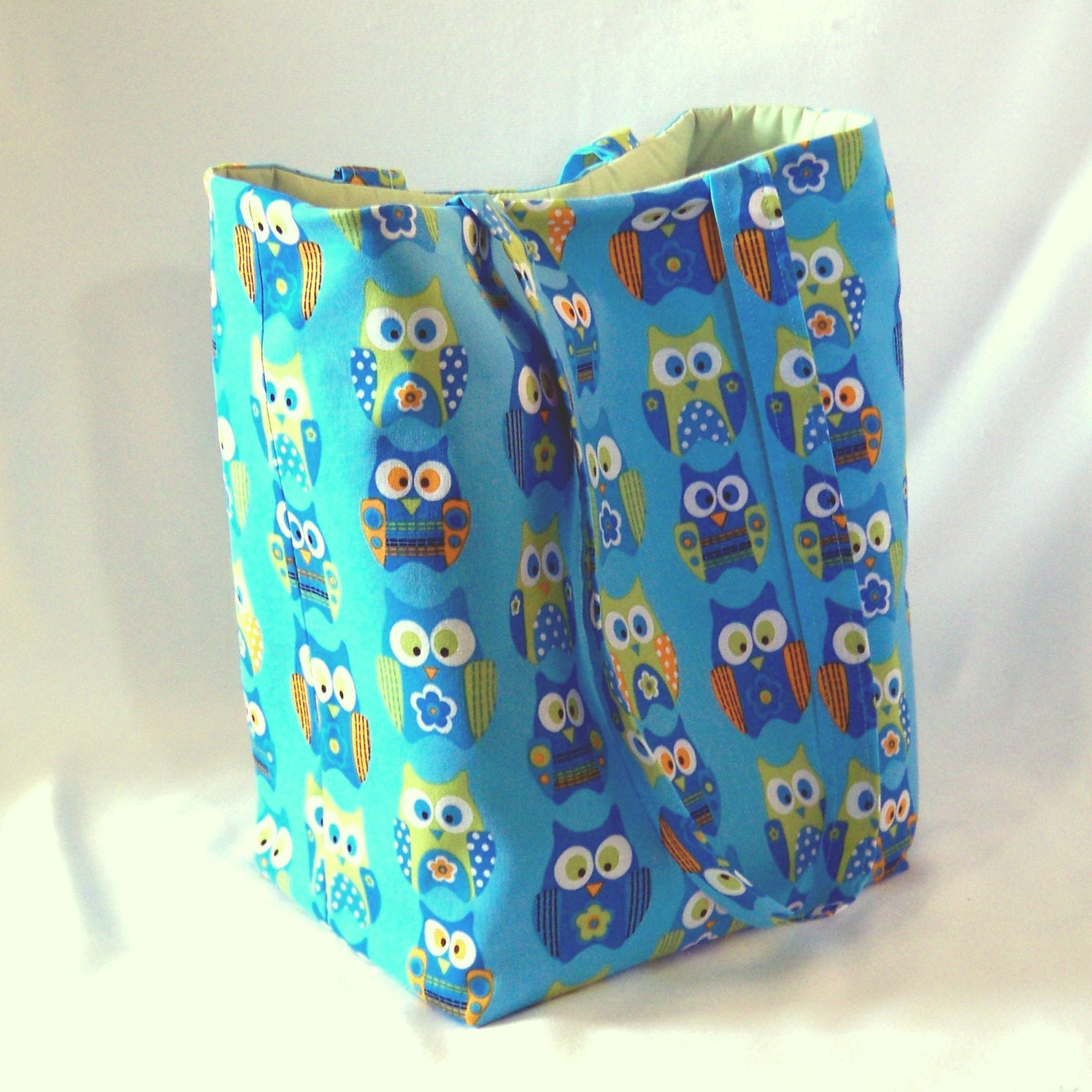 Owl Tote Bag Purse Blue Fabric Bag Green Orange Blue Owls Shoulder Bag Market Bag Large Bag
