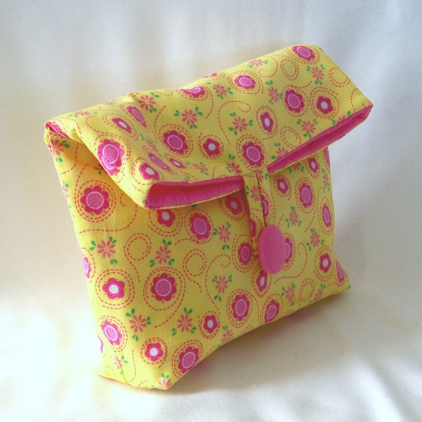 Floral Clutch Purse Makeup Bag Pink Yellow Fabric Bag Fold Over Flap Button Closure Cosmetic Bag