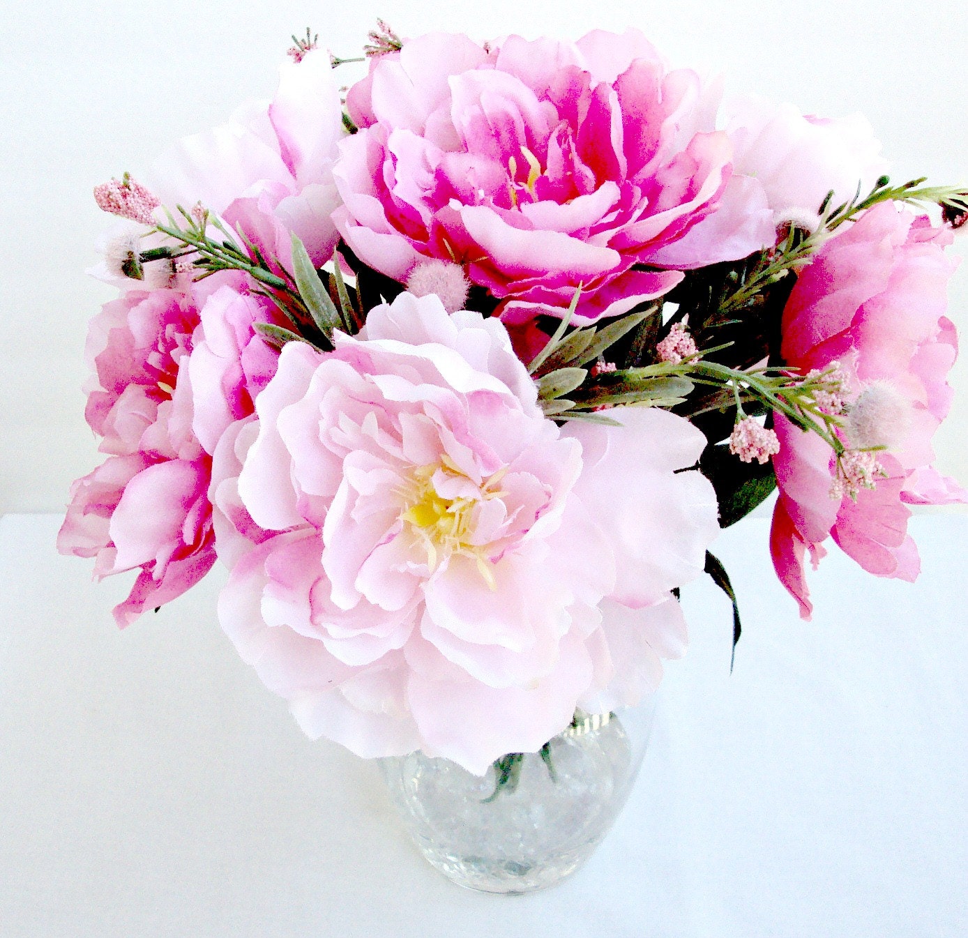 Light Pink & Hot Pink Peonies In A Clear Glass Vase With Acrylic Water