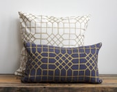 Penn Grid Metallic gold hand printed on slate blue organic hemp pillow cover 12x21