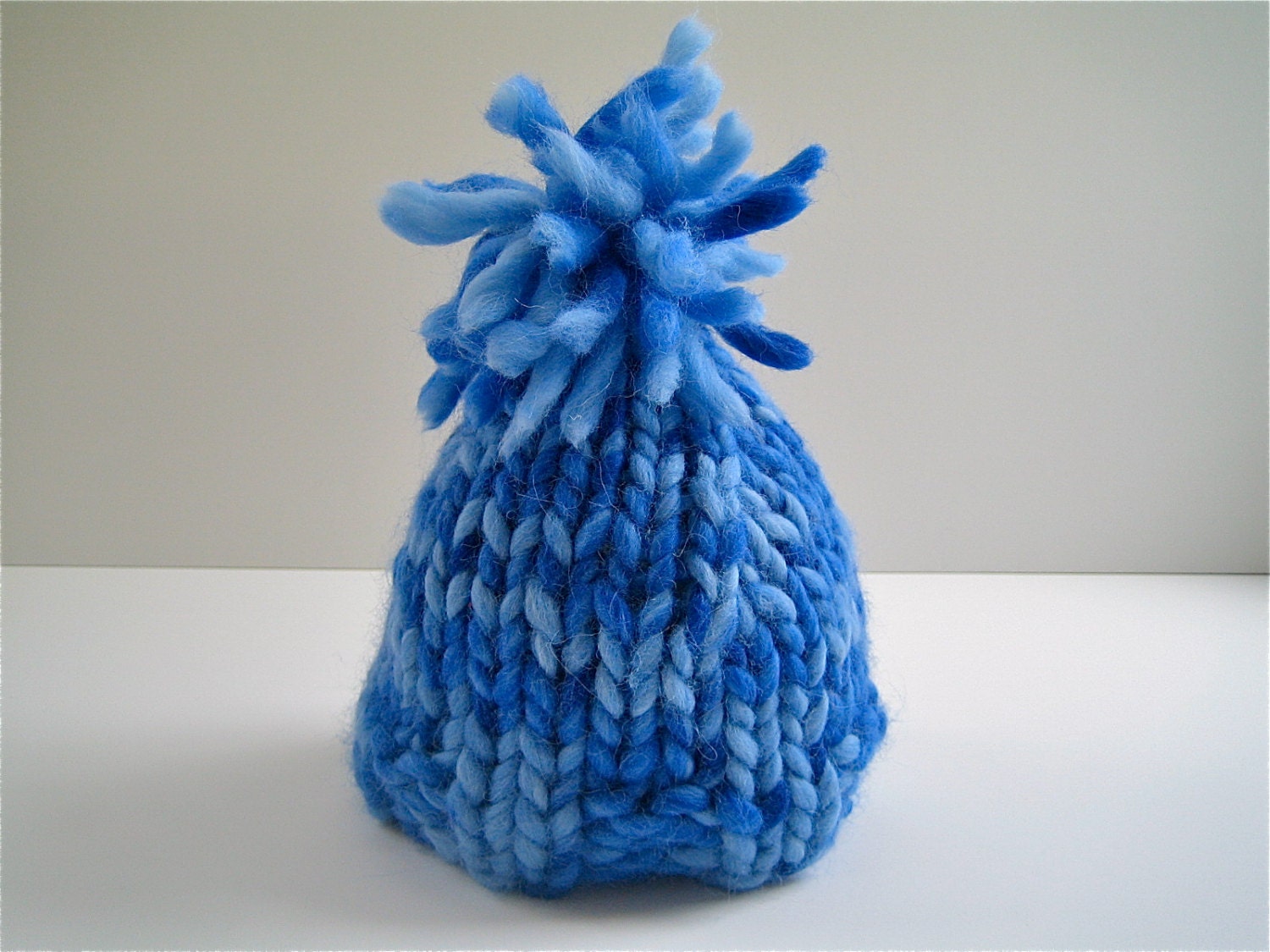 Toddler Knit Hat with FUZZY Pom in Shades of Blue, 1 -2 years, Ready to Ship, Toddler Hat, Unisex hat, Handknit