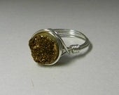 Gold Druzy Ring, Sterling Silver Wire Wrapped, Cocktail Ring