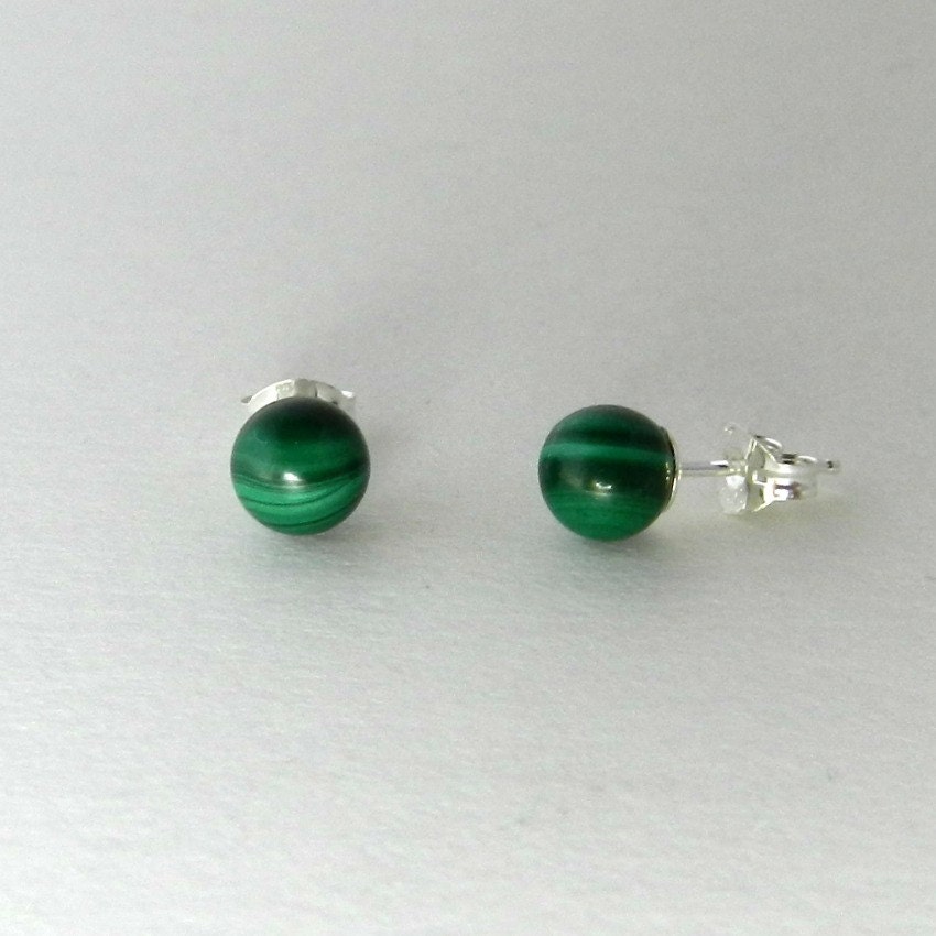 Malachite Post Earrings Sterling Silver, Green Stone Studs