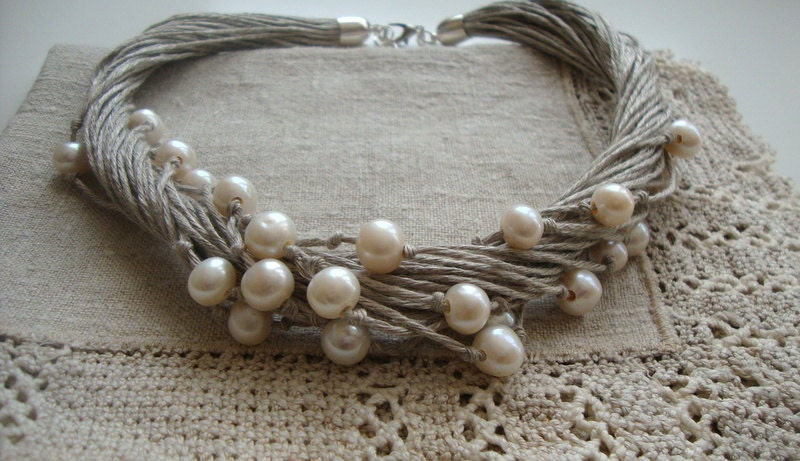 Multistrand necklace with pearls / natural linen necklace / rustic necklace / wedding necklace / cottage chic