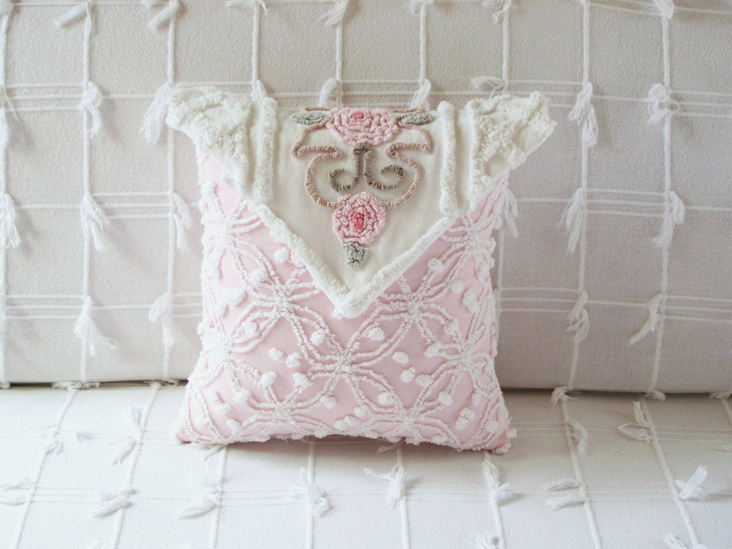 pink roses LOVE NOTE Valentine chenille pillow cover 12 X 12 envelope cushion art deco