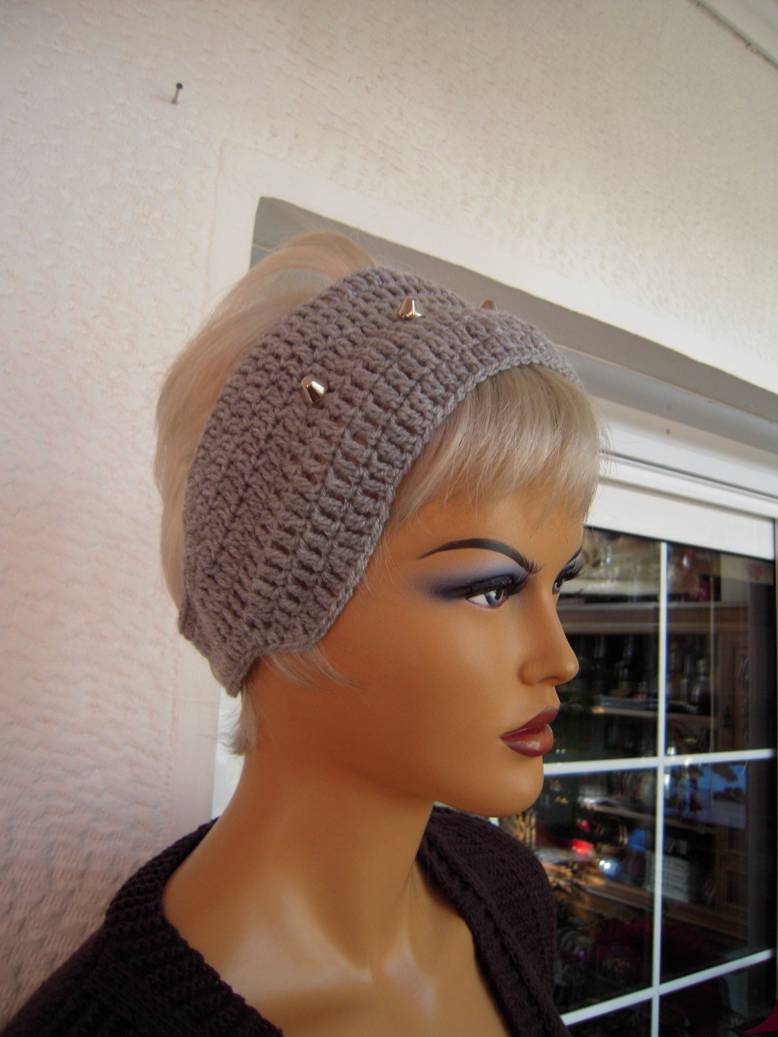 crochet handmade eco friendly earwarmer/headband/turban in gray with studs by golden yarn