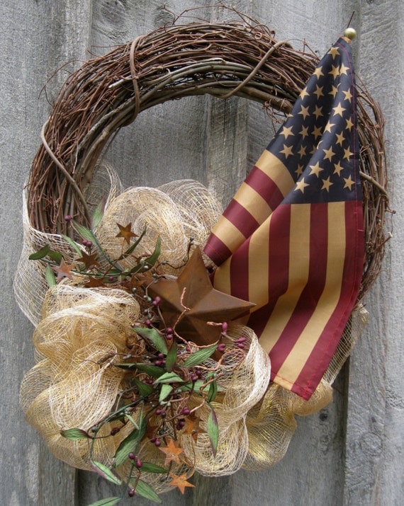 Americana Wreath, Patriotic Wreath, Fourth of July, Tea Stained Flag