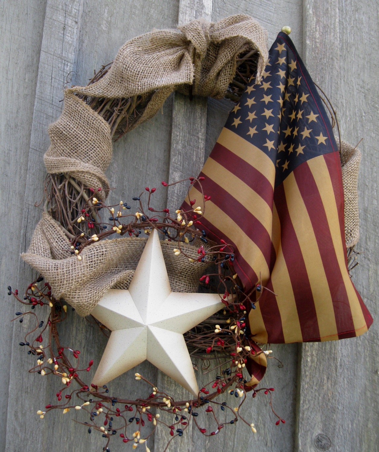 Americana Wreath, Patriotic, Fourth of July Wreath, Rustic, Primitive,Tea Stained Flag