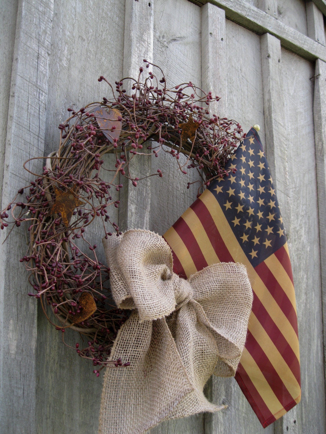 Americana Wreath, Patriotic, Fourth of July Wreath, Rustic, Primitive,Tea Stained Flag Wreath