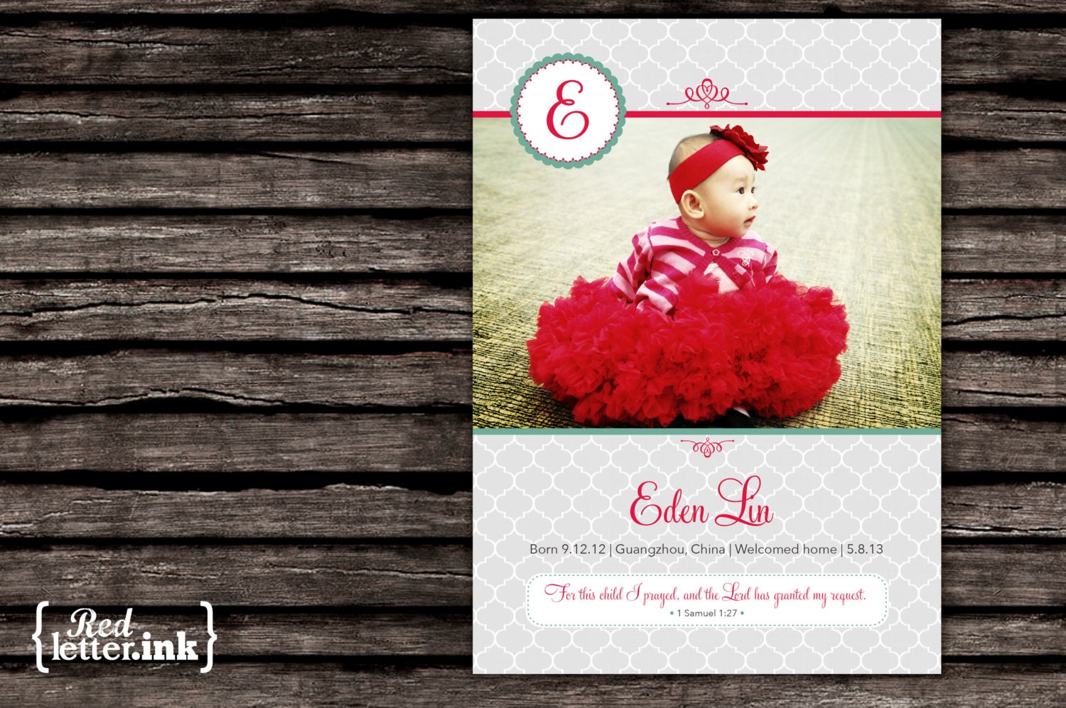 Monogram Digital Adoption Announcement Card - Customizable with scripture & photo (1 Samuel 1:27)