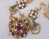 Ruby Red Repurposed Rhinestone Necklace, Festoon Necklace, Assemblage Gold Necklace, Pearls, Handmade OOAK Upcycled Jewelry JryenDesings