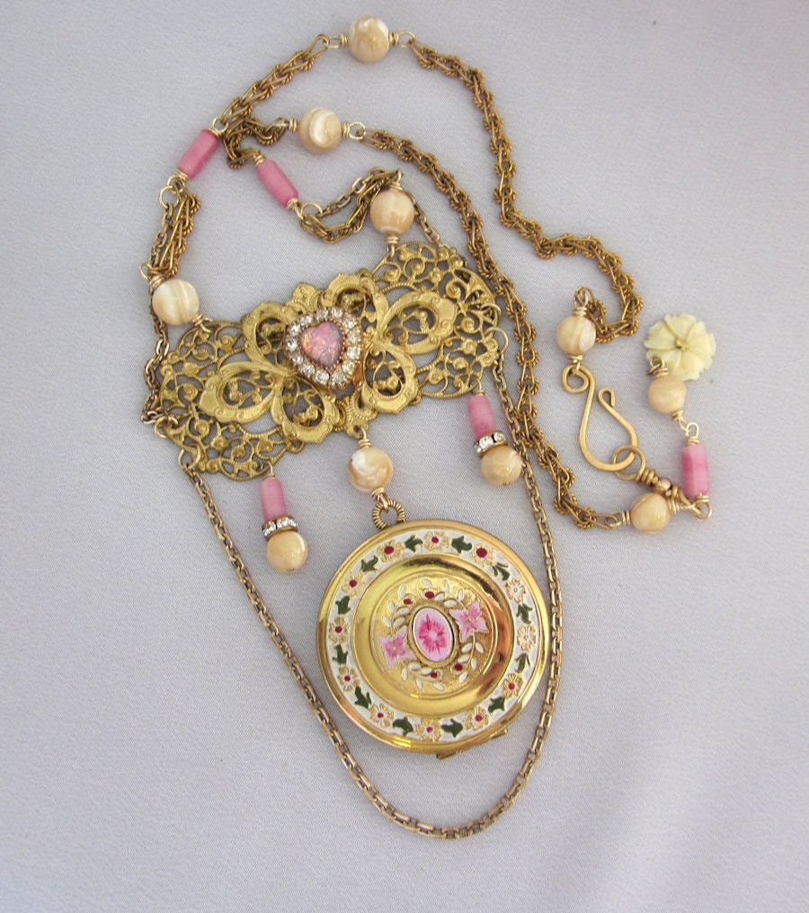 Pink Flower Locket Necklace, Vintage Assemblage, Gold Filled Chain, Rhinestones, Long Chain, Handmade OOAK Repurposed Jewelry JryenDesigns