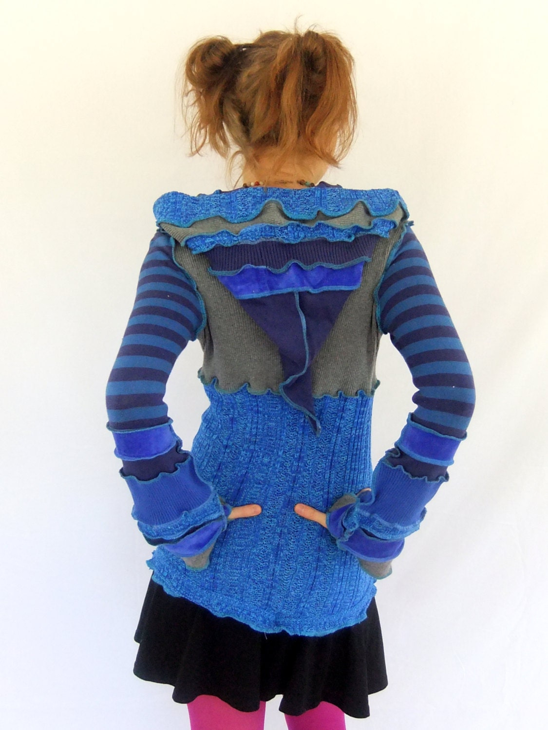 Blue Stripe pixie hOodie - One of a Kind - Small - Ready To Ship