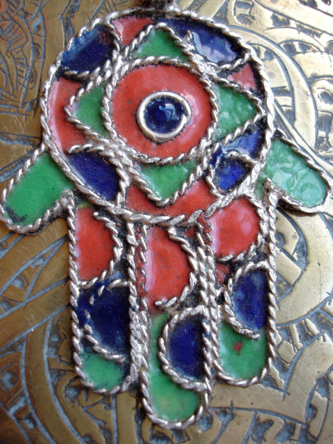 Enamel Moroccan hand of Fatima hamsa khamsa eye charm pendant