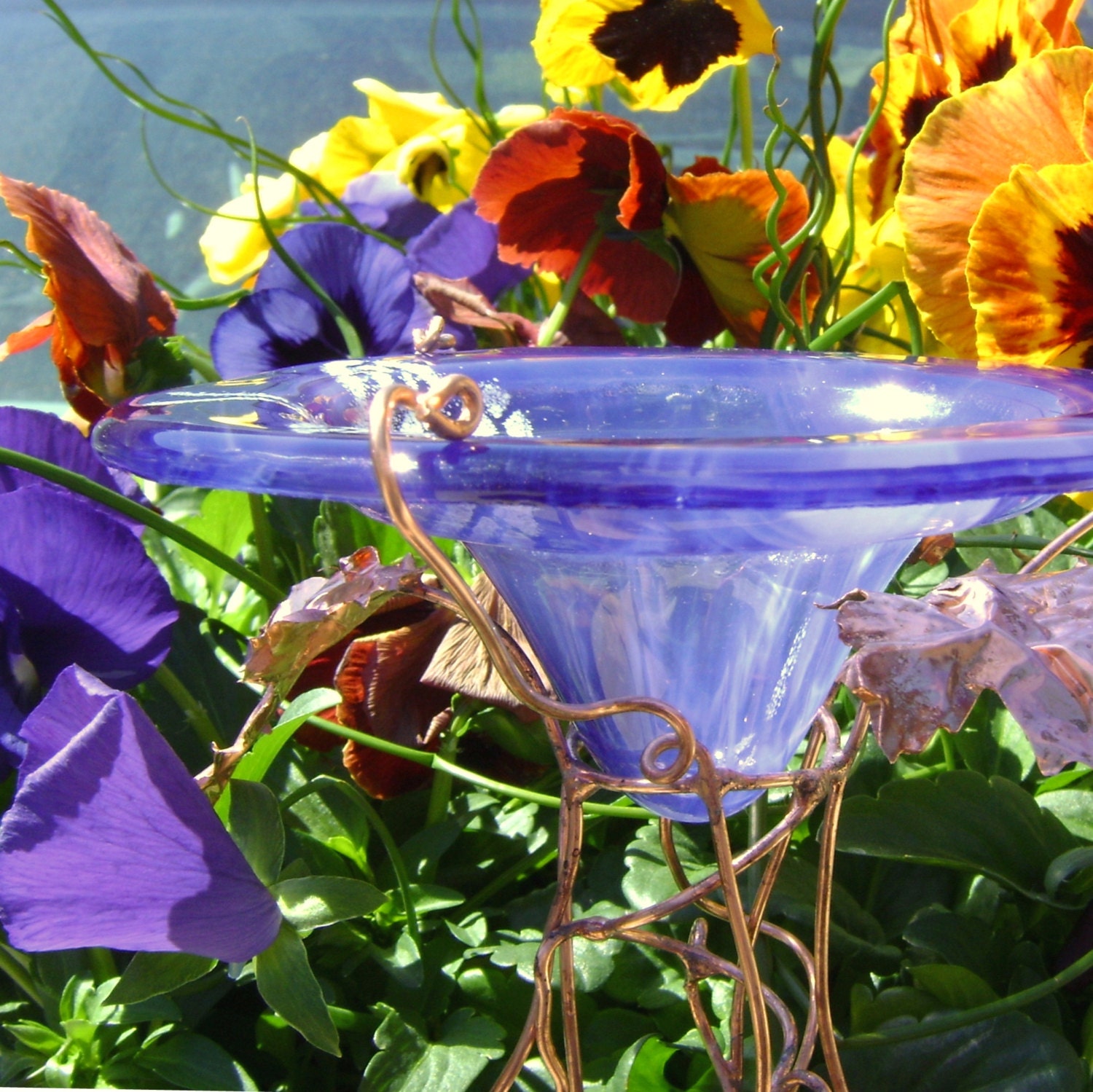 Glass GARDEN STAKE, Dragonfly, BUTTERFLY Feeder, Bird Feeder, smoky violet, stained glass, copper