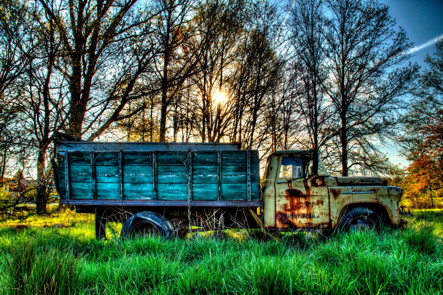 Old Truck Photograph - Rustic Photography - Chevrolet - Sunrise - Country - Rust - Spring - Trees - Art Print - HDR - Shabby Chic