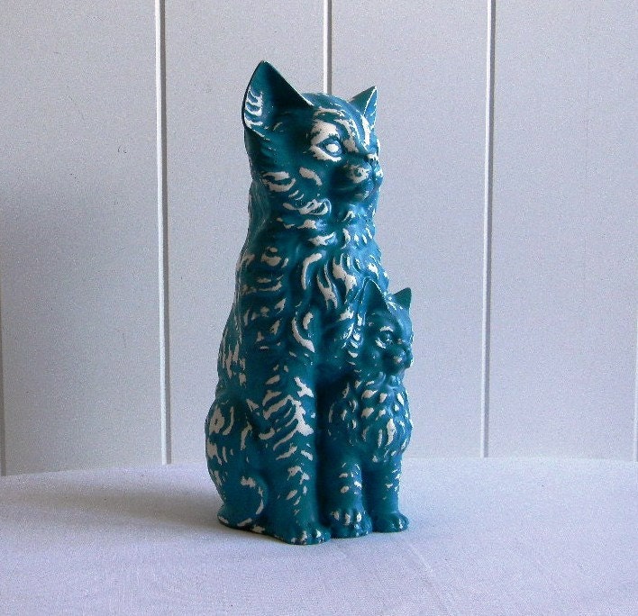 Upcycled Ceramic Cat Figurine - Teal home decor - Animals - Modern Decor - Mod - Cats - Kitten -  Kitsch