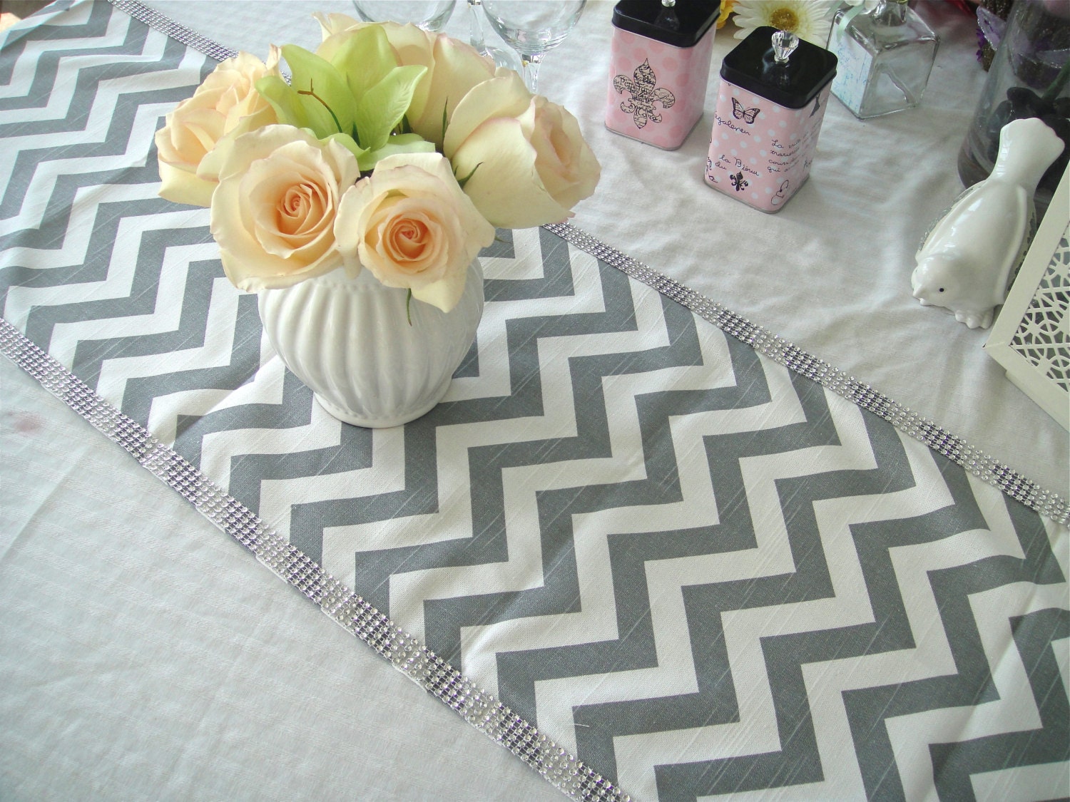 CHEVRON 13x72 Table Runner Trimmed in Diamond Mesh Rhinestones, Wedding Table Topper, Table Cover