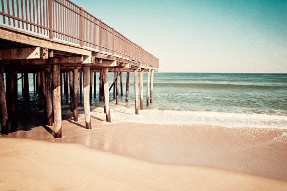 Beach Photography - landscape coastal wall art pier teal turquoise blue beige brown white seashore, 11x14, 8x12 Photograph, "Coastal Oasis"