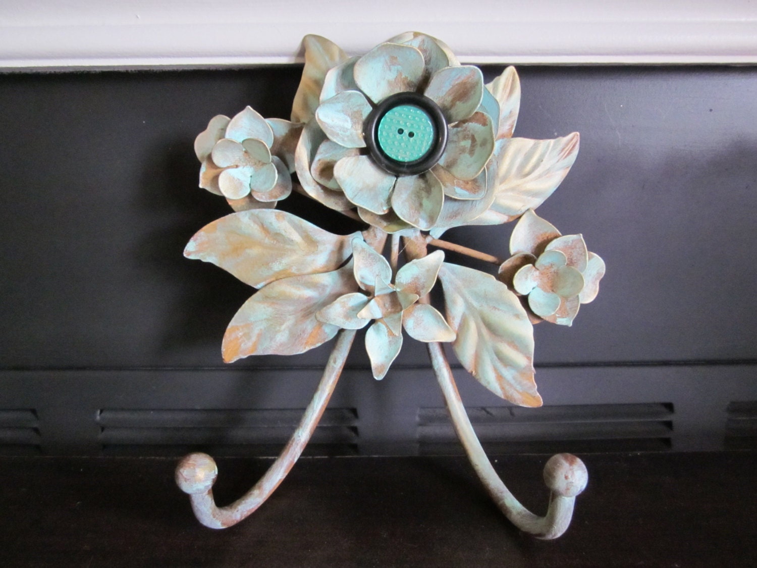 Shabby Chic Wall Decor Hook Hanger Jewelry Necklace Holder Aqua Flower