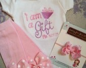 Baby Girl Outfit -- onesie, ruffle bow headband and leg warmers -- I am a Gift, Psalm 127:3-- purple and pink baby shower gift