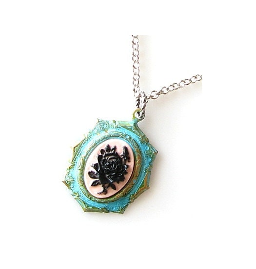 cameo necklace, cameo jewelry, black rose necklace, verdigris patina necklace, long necklace silver, flower cameo pendant
