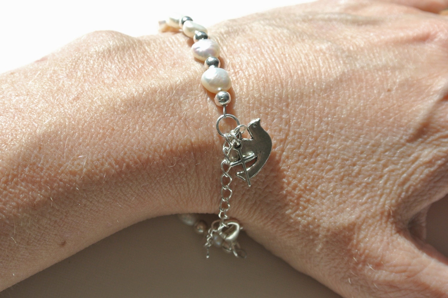Confirmation Pearl Bracelet with Dove and Cross Charms