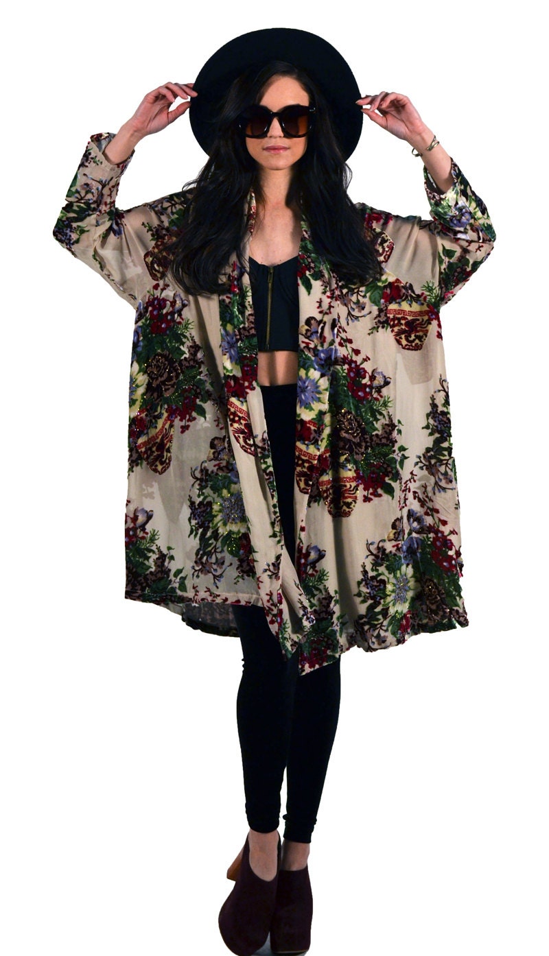 Floral Velvet Burnout Gypsy Beaded Kimono Jacket