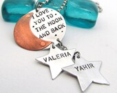 I Love You to the Moon and Back Personalized Necklace - Hand Stamped Jewelry Mom Necklace - Riveted Mixed Metal Cold Connections (101)