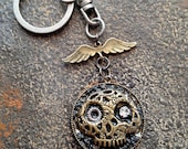 Keychain,Skull and Wings, Leather and Metal,Steampunk Rocker Style