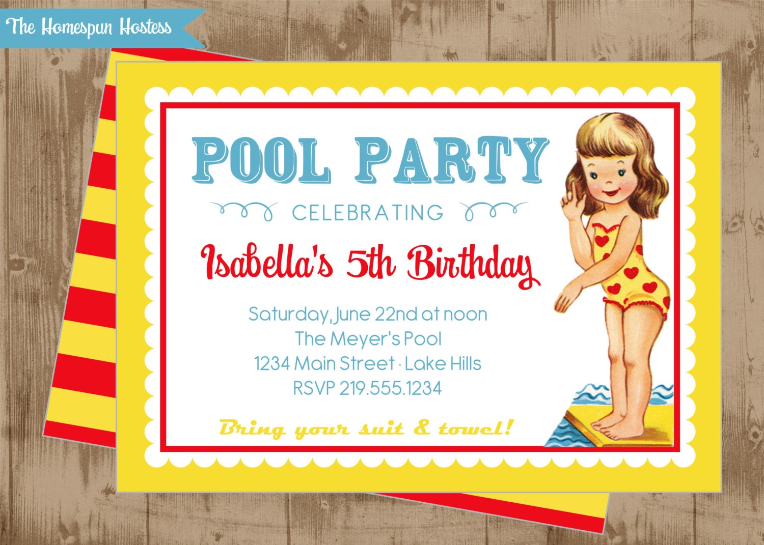 DIY Printable Retro Pool Party Invitation with patterned back design - colorful - fun - vintage swimsuit girl -red yellow blue Il_170x135