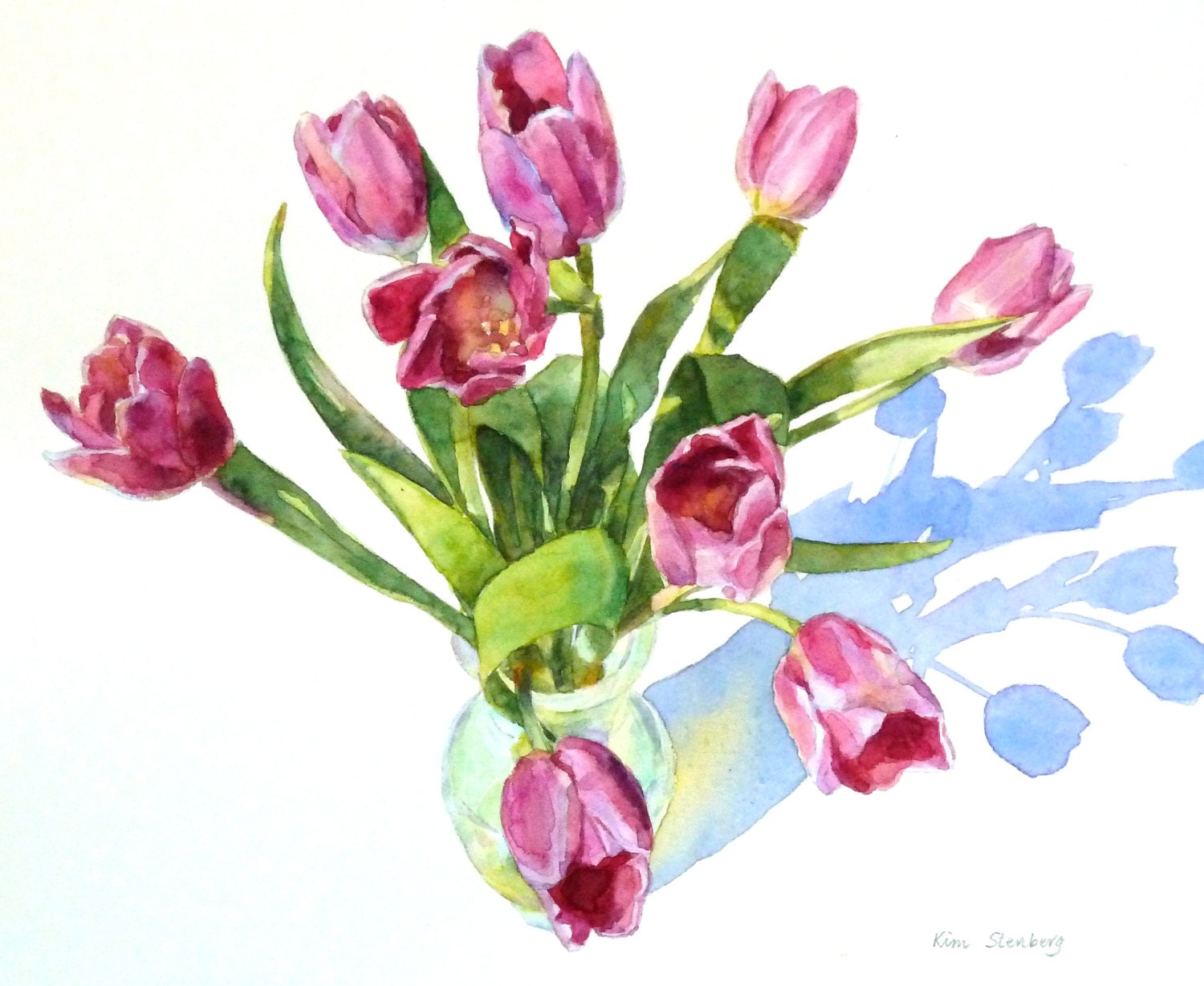 Tulip Bouquet Contemporary Mimalist Watercolor Painting Magenta Flower Original Floral Still Life Wall Art