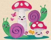Sweet Mushroom Garden with Snails embroidered baby bib