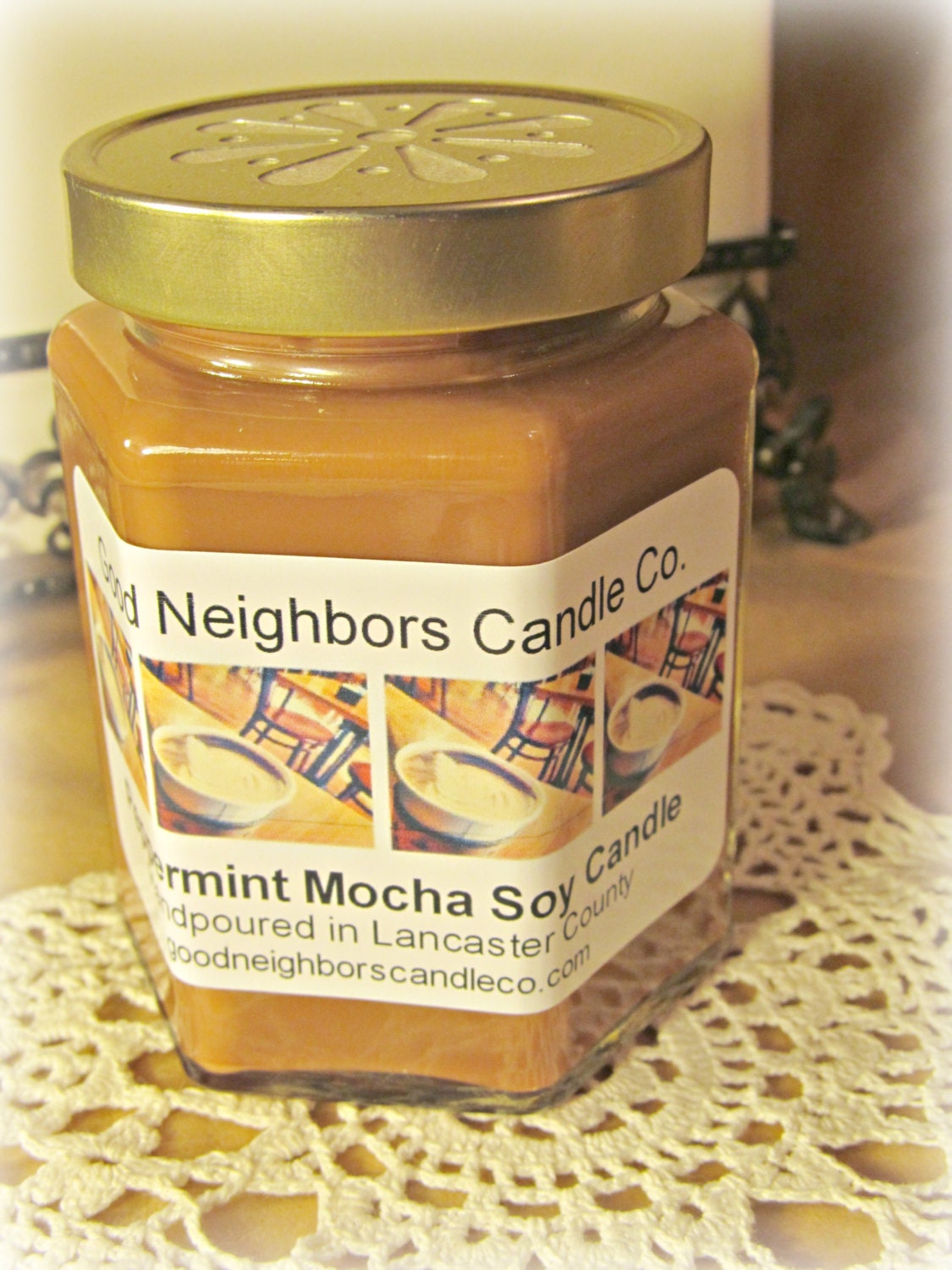 Peppermint Mocha Soy Candle, Brown, Delicious, 9 Ounce Hexagon Jar with Daisy Lid, Cotton or Hemp Wick