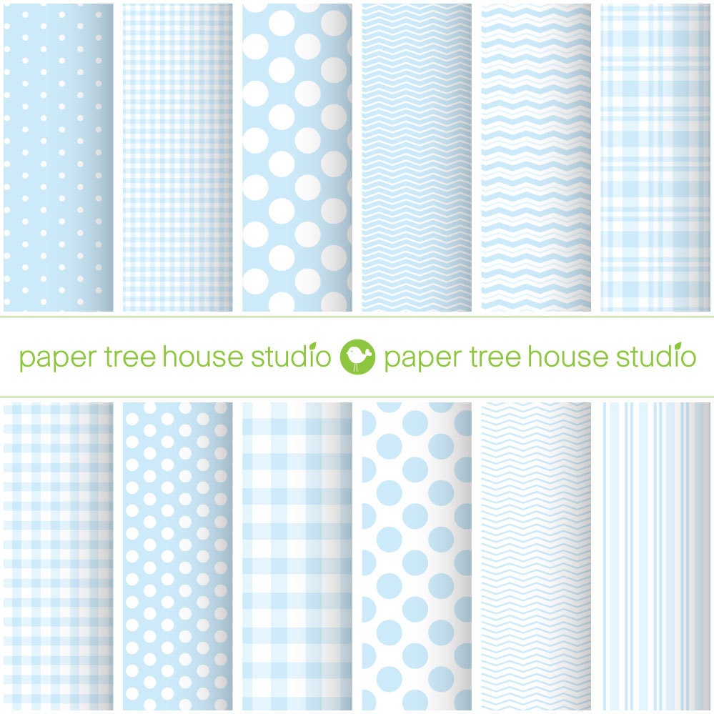 Digital Papers - Blue Polka Dots, Gingham, Stripes and Chevron - Twelve Print Ready Files - ID 1077