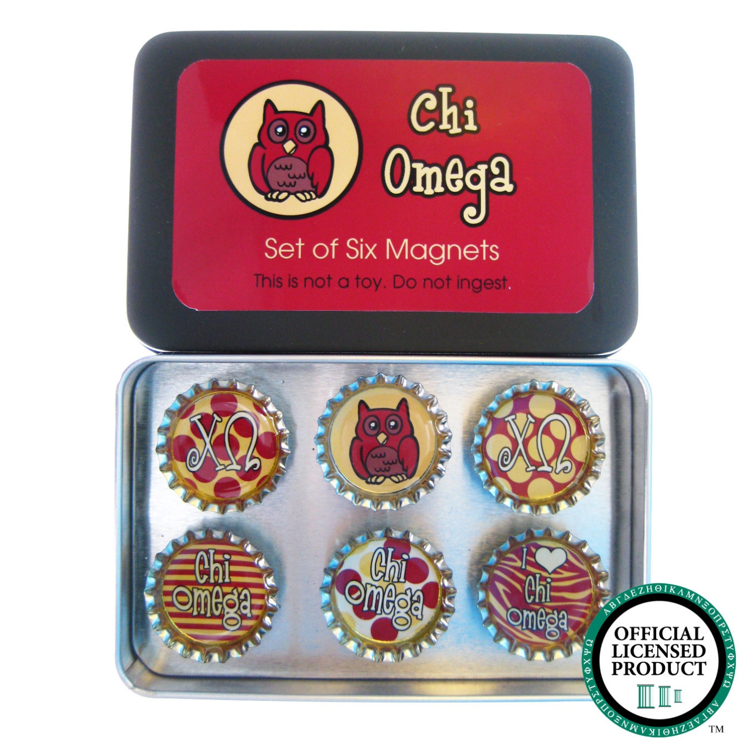 XO Chi Omega Sorority Bottle Cap Magnet Set of Six in Gift Tin