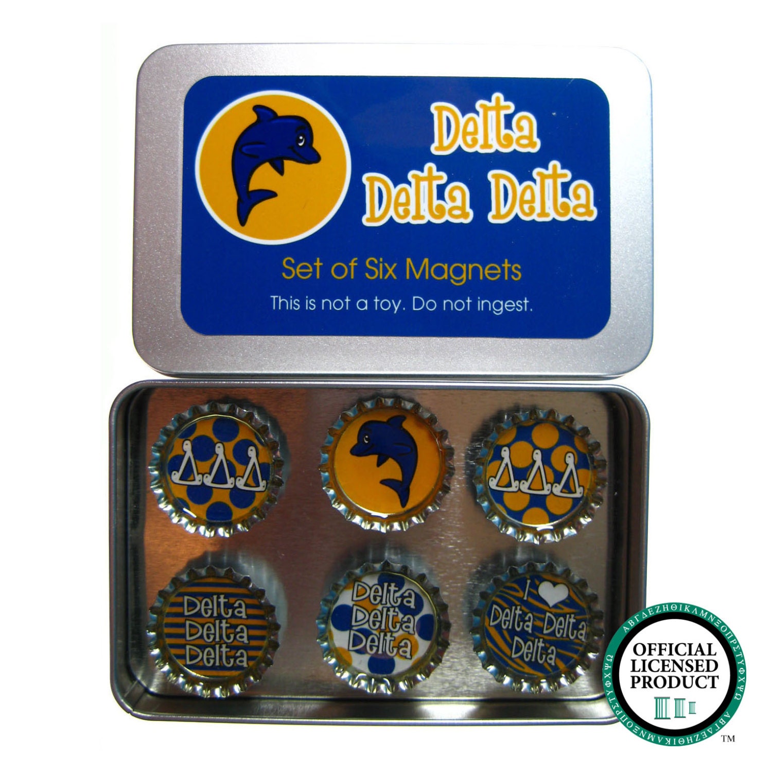 Tri Delt Delta Delta Delta Sorority Bottle Cap Magnet Set of Six in Gift Tin