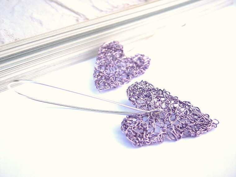 Violet Heart Dangle Earrings, Wire Knit Earrings
