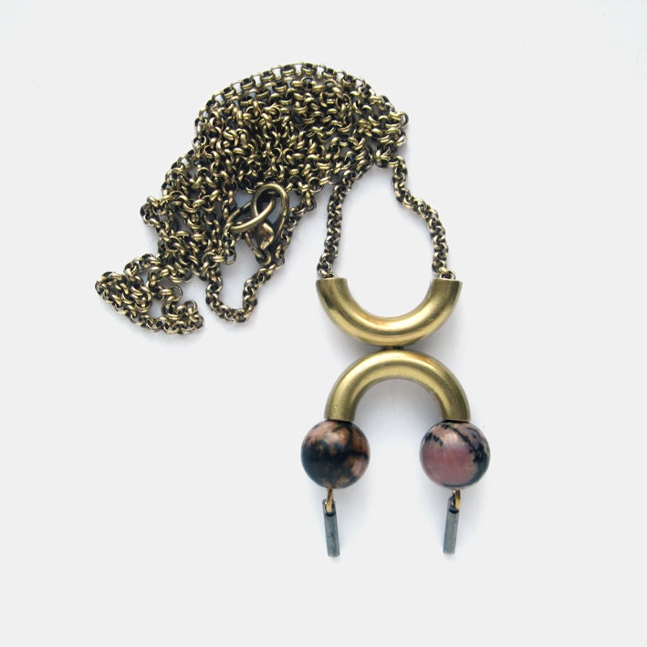 NEW -  Two welded brass tubes and rhodonite beads necklace