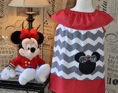 Gray and White Chevron Minnie Mouse Ruffled Neck Dress with Applique
