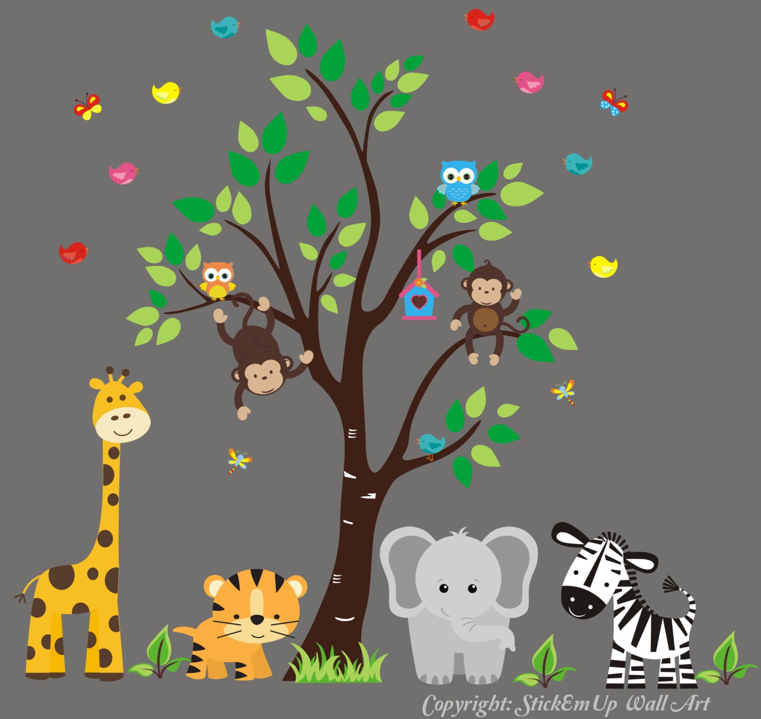 Nursery Wall Decal - Baby Wall Decal with Jungle Animals - Giraffe, Elephant, Tiger, Zebra, Monkeys - Children Wall Decals  - 434