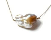 Pearl Solitaire Necklace, Giant Freshwater Baroque Pearl, Pondslime, Delicate 14k Goldfill Chain