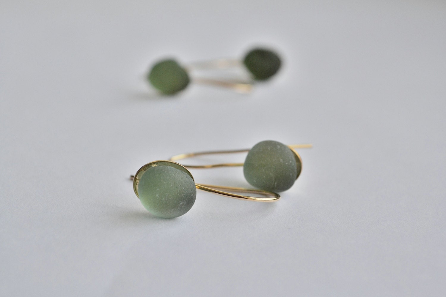 Emerald Green or Light Green Genuine Sea Glass 14KT Gold Filled Earrings