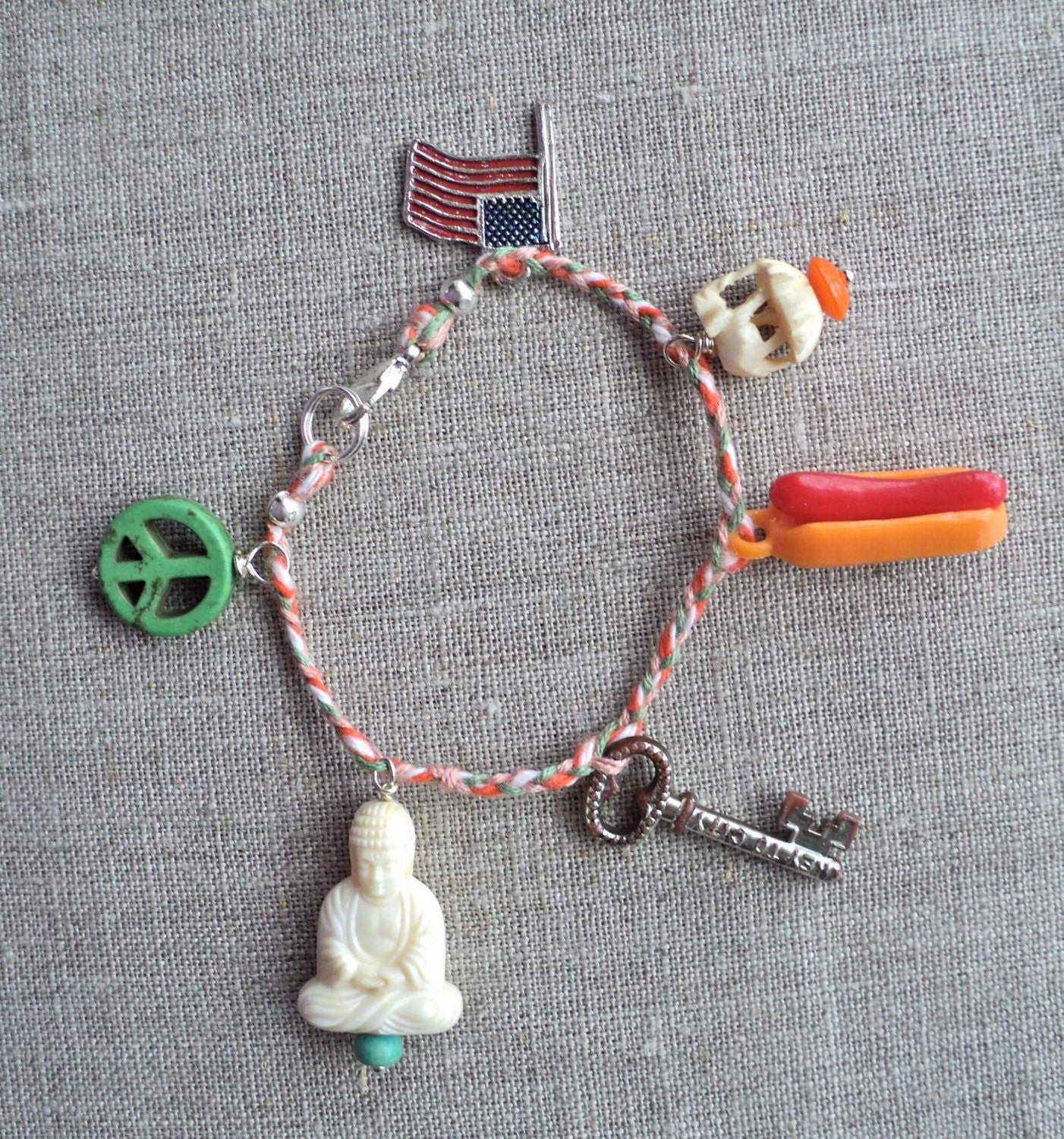 handmade charm bracelet jewelry Buddha  vintage key elephant