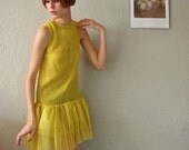 Yellow Dotted French Silk Drop Waist Mini Dress