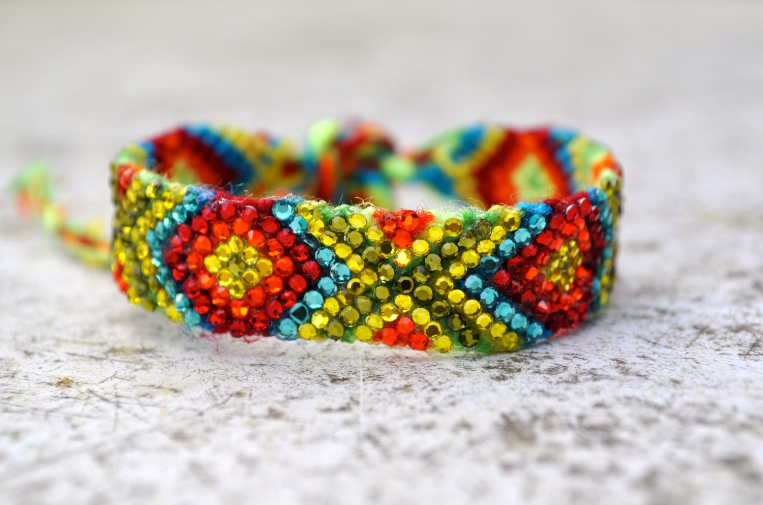 Crystal Friendship Bracelet- bred, orange, yellow, olive green, aqua blue