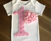1st Birthday Couture White Onesie & Matching Headband Set with Pink Satin Rosette Spring, Summer, Cake Smash Photo Prop