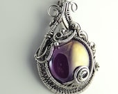 Amethyst and Sterling Silver Sculpted Necklace, Glass Cabochon