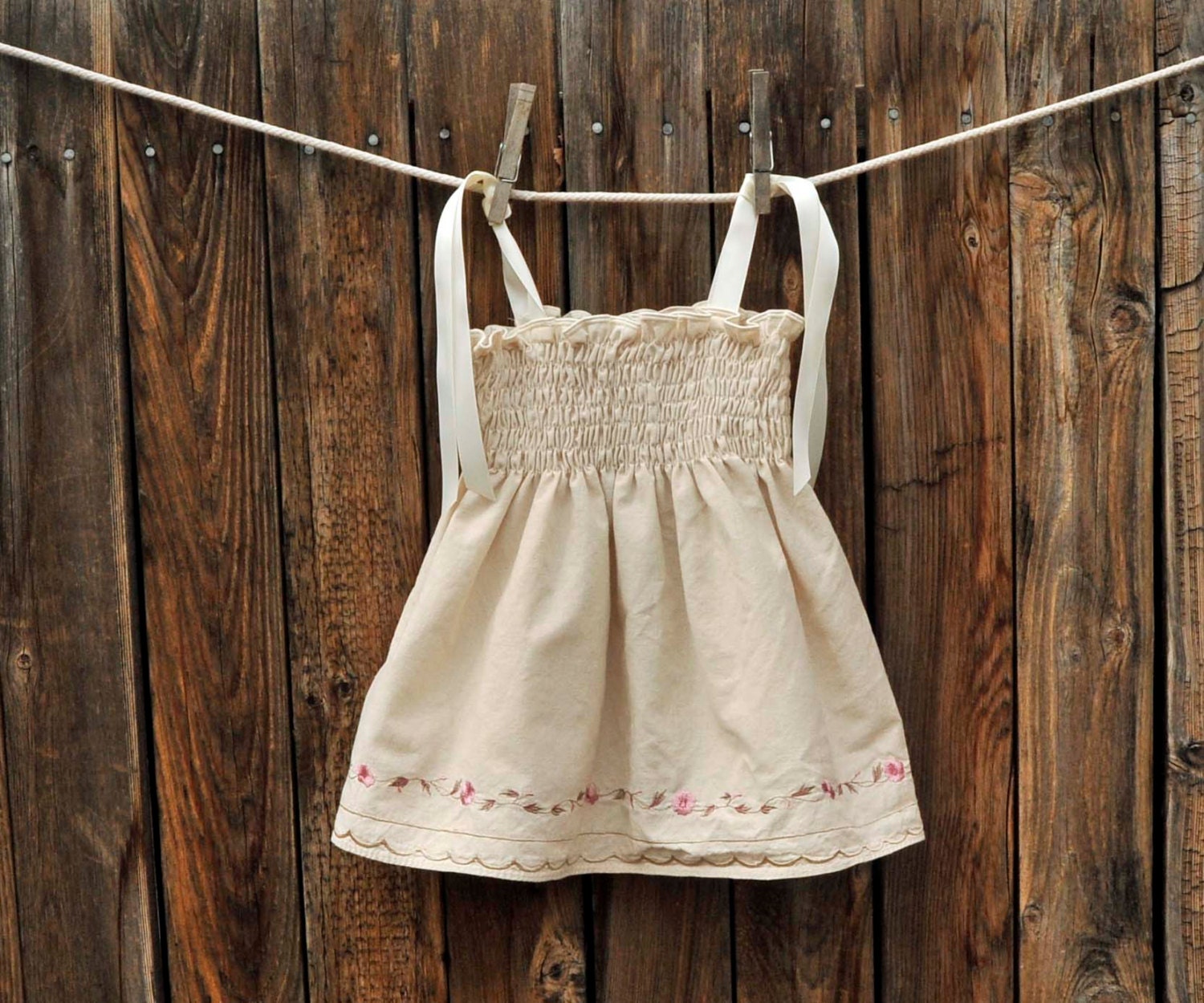 Embroidered Baby Dress, Cream and Pink Vintage dress ribbon ties, Great for beach weddings, portraits... 3m,6m,9m,12m,18m - SageNThymeDesigns